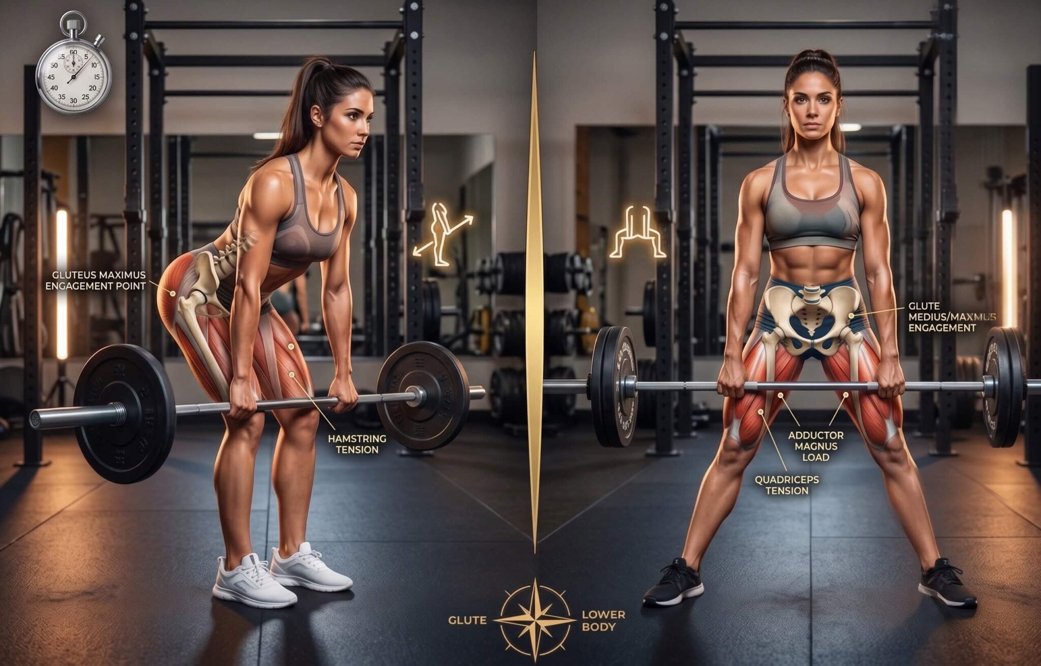 Split graphic of a conventional deadlift in profile and a sumo deadlift from the front, with muscle labels on the glutes, hamstrings, quads, and adductors