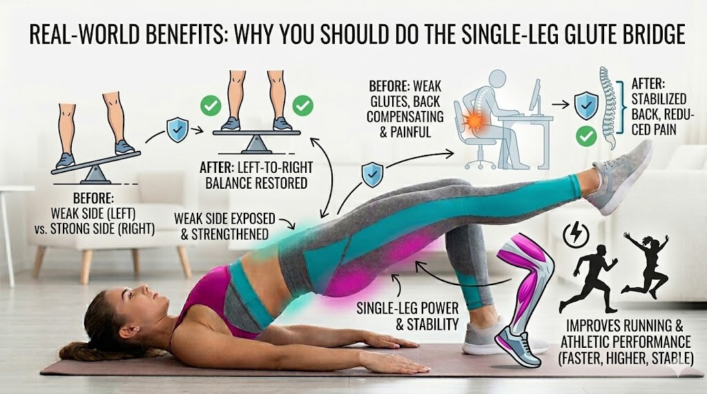 Real-world benefits of the single-leg glute bridge: left-to-right balance, less back pain from sitting, and better running
