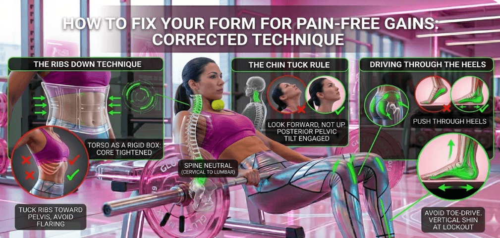 A visual fitness infographic in a neon-pink gym showing correct barbell hip thrust form with three anatomical panels for the 'Ribs Down Technique', 'The Chin Tuck Rule', and 'Driving Through the Heels'