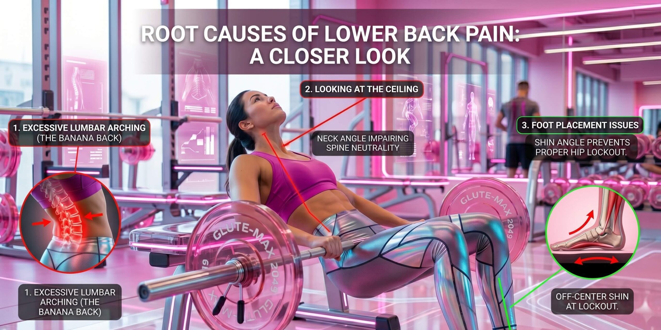 Anatomical infographic of a hip thrust with callouts for lumbar arching, looking at the ceiling, and foot placement