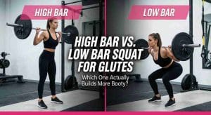 Side-by-side comparison of High Bar vs Low Bar Squat form showing the difference in torso angle and bar placement for maximum glute growth.