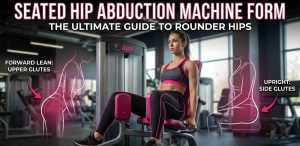 Seated hip abduction machine form guide showing a woman on the machine, with diagrams comparing the forward lean for upper glutes versus the upright position for side glutes.