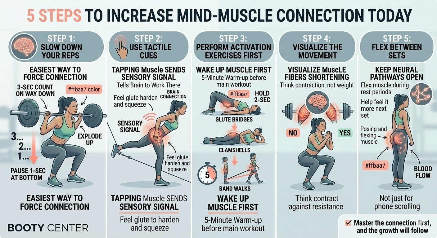 A detailed 5-step infographic for glute growth showing slow tempo squats, tactile cues, activation exercises like glute bridges, visualization techniques, and flexing between sets.