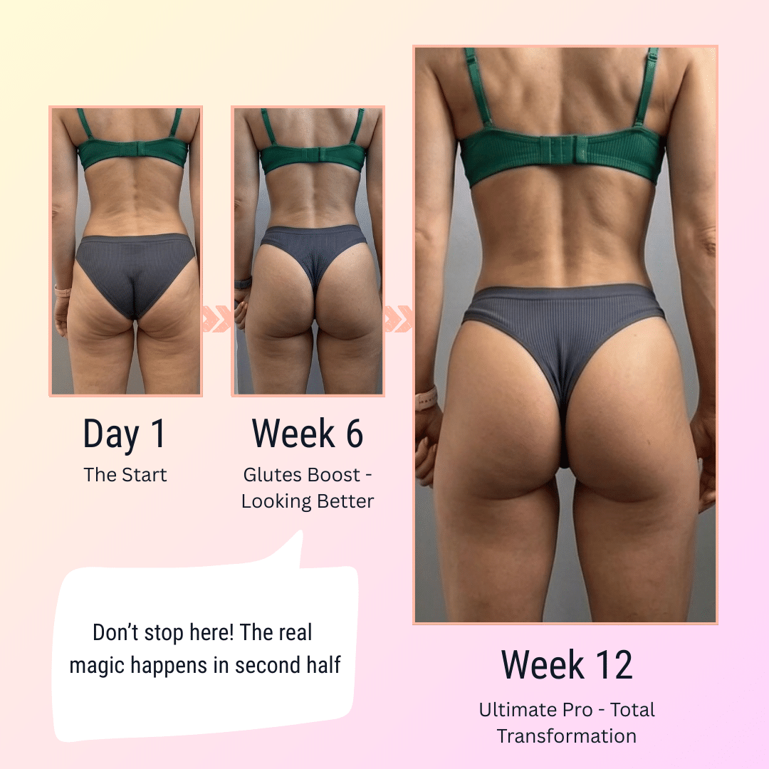 Before-and-after back view showing waist and glute change over 12 weeks