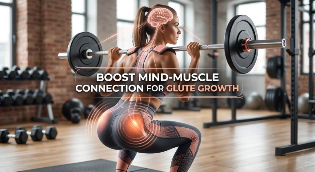 A woman performing a squat with a neural graphic showing the mind-muscle connection between the brain and glutes in Booty Center brand colors.