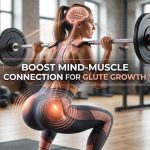 A woman performing a squat with a neural graphic showing the mind-muscle connection between the brain and glutes in Booty Center brand colors.
