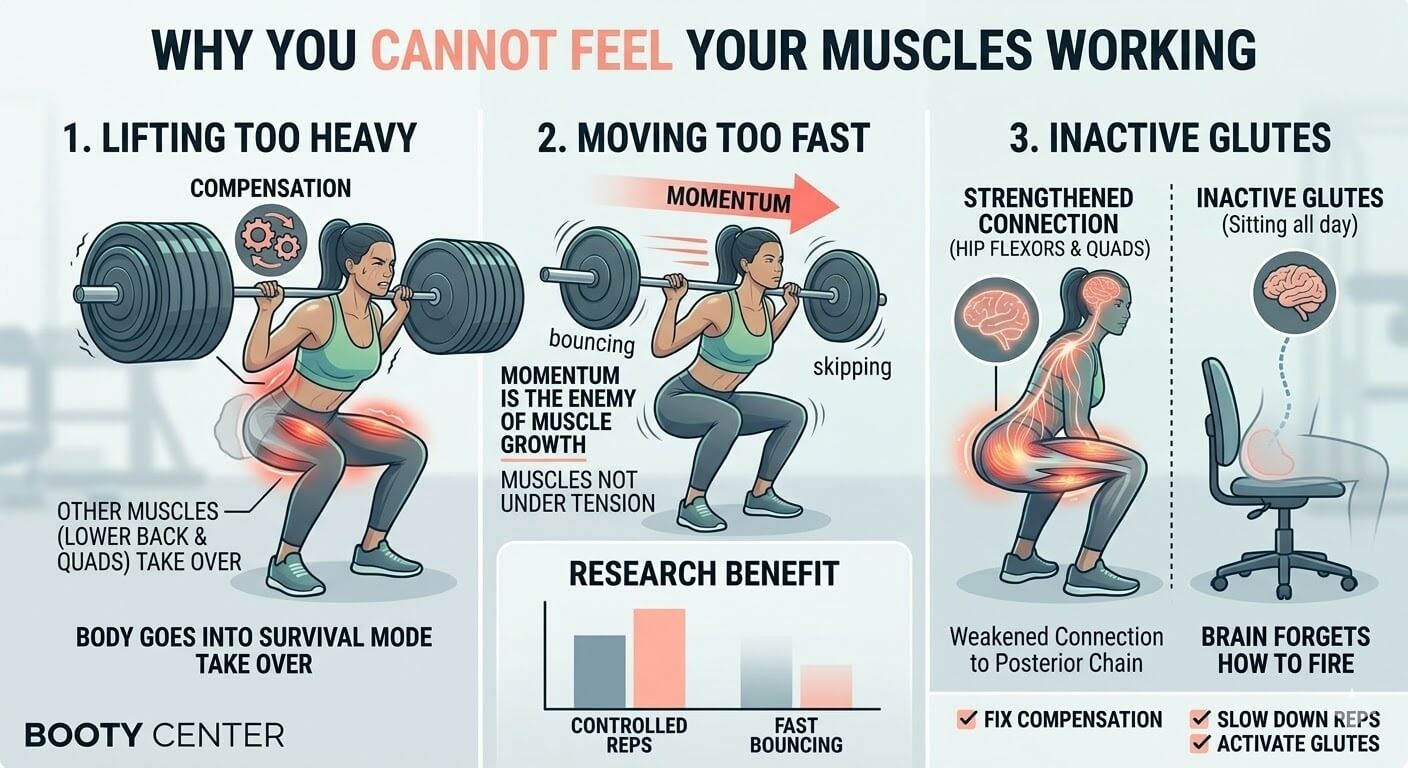 Infographic showing three reasons for poor glute activation including lifting too heavy with compensation, moving too fast with momentum, and inactive glutes from sitting.