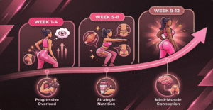 An infographic illustrating a woman's 12-week glute transformation progress across three stages (Weeks 1-4, 5-8, 9-12), highlighting progressive overload, nutrition, and mind-muscle connection.