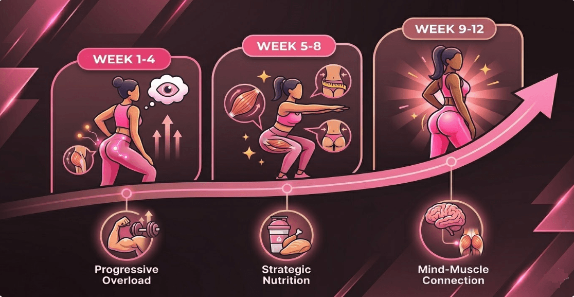 An infographic illustrating a woman's 12-week glute transformation progress across three stages (Weeks 1-4, 5-8, 9-12), highlighting progressive overload, nutrition, and mind-muscle connection.